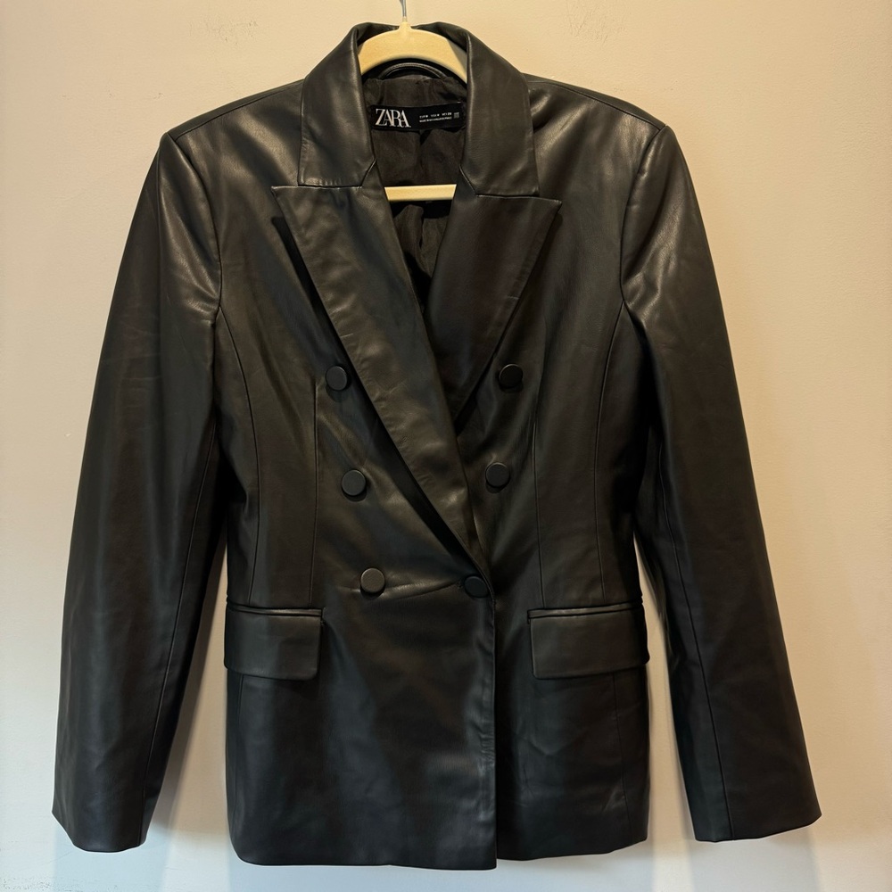 Zara Viral Blogger Favorite Faux Leather Double Breasted Jacket Blazer Medium
